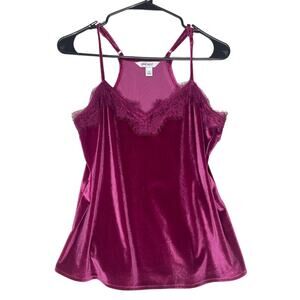 Y2K Nine West Velvet Cami Tank Top S Pink Lace Trim Fairycore Whimsigoth Party